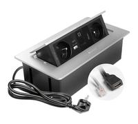 GTV Prise encastrable Multisoft en aluminium avec 2 prises de courant avec terre, USB C, RJ45, HDMI 2.0, escamotable avec couvercle, câble de 1,5 m, idéale pour la cuisine, le bureau ou la table de