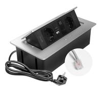 GTV Prise encastrable MULTISOFT en aluminium avec 2 prises Schuko, USB C, RJ45, escamotable avec couvercle, câble de 1,5 m, idéale pour le bureau, la table de conférence ou le plan de travail de