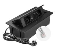 GTV Prise encastrable Multisoft noire avec 2 prises de courant avec terre, USB C, RJ45, escamotable avec couvercle, câble de 1,5 m, pour cuisine, bureau, table de conférence et de travail