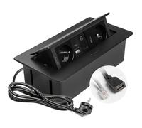 GTV Prise encastrable Multisoft noire avec 2 prises de courant avec terre, USB C, RJ45, HDMI 2.0, escamotable avec couvercle, câble de 1,5 m, idéale pour la cuisine, le bureau ou la table de