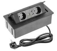 GTV Prise encastrable Multisoft Noire avec 2 Prises Schuko, USB A+C, RJ45, escamotable avec Couvercle, câble de 1,5 m, idéal pour Bureau, Table de conférence ou Plan de Travail de Cuisine