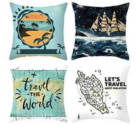 Gualiy Housse d'oreiller 4 Housse Coussin, Housse d'oreiller 40x40cm Cocotier Arbre Bateau Travel The World Housse de Coussin pour Canapé Salon Chambre à Coucher