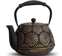 GUANGHEIRON Théière en fonte avec infuseur pour plaque de cuisson, théière japonaise Sakura pour thé et café, revêtement intérieur émaillé, poignée en silicone, 1200 ml, noire
