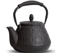 GUANGHEIRON Théière en fonte de 950 ml avec infuseur pour cuisinière, théière japonaise à motif de fleurs de Sakura pour thé et café, revêtement intérieur émaillé, poignée en silicone, 950 ml, noire