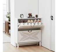 GuannCraft Armoire à chaussures classique avec double porte et design à deux couches : un meuble de rangement de style rétro pour l'entrée avec des détails sculptés et un cadre en bois robuste.