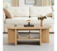 GuannCraft Table ovale en bois avec étagère inférieure, table d'appoint compacte pour petits espaces, table de chevet de salon avec espace de rangement, console moderne de 110 cm (bois naturel)