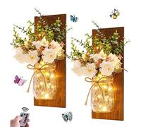 GUANSHAN 2 appliques murales en pot Mason, bande lumineuse LED avec fleur artificielle et panneau de bois, applique murale rustique, lanterne suspendue pour chambre, jardin, décoration murale
