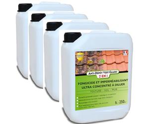 GUARD INDUSTRIE - Anti Dépôt Vert Guard 2 en 1 - Imperméabilisant Fongicide Invisible, Hydrofuge, Anti Champignon, Lichen, Algue - Tous Matériaux - Fabrication Française 20L- jusqu'à 1000m²- 4 X 5 L