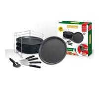 Guardini, Set de 4 plaques à pizza Ø 32 cm + 1 grille à casseroles + 4 couteaux + 1 coupe-pizza, Acier avec revêtement antiadhésif, Noir, Fabriqué en Italie, Ligne Pizza&Mania