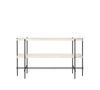 GUBI Table d’appoint TS Console 120x30x72 cm natural white travertine. structure noire. 2 étagères en marbre