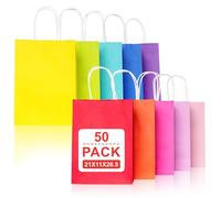 Gucass 50 Pcs Coloré Sac Papier Cadeau, Moyen Sac Papier Kraft avec Poignée Pochette Cadeaux 21x11x27cm, Sachet Kraft Emballage Cadeau, Pochette Kraft pour Noël Mariage Anniversaire Fête