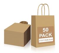 Gucass 50 Pcs Marron Sac Papier Cadeau, Moyen Sac Papier Kraft avec Poignée Pochette Cadeaux 21x11x27cm, Sachet Kraft Emballage Cadeau, Pochette Kraft pour Noël Mariage Anniversaire Fête
