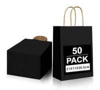 Gucass 50 Pcs Noir Sac Papier Cadeau, Moyen Sac Papier Kraft avec Poignée Pochette Cadeaux 21x11x27cm, Sachet Kraft Emballage Cadeau, Pochette Kraft pour Noël Mariage Anniversaire Fête