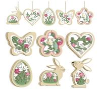 Guidre Lot de 24 Pendentifs en Bois pour Pâques, Décoration de Printemps, Bricolage Œufs de Pâques à Suspendre, Papillons, Lapins, Fleurs