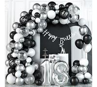 Guirlande de ballons décoratifs pour 18 ans Noir argenté Avec chiffres Ballons en aluminium Confettis Bannière Décoration d'anniversaire pour 18 ans Pour garçon fille anniversaire de mariage fête