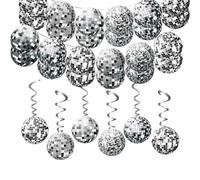 Guirlande de Décoration Disco, 2 Bannières de Boules à Paillettes Argentées+6 Spirales Suspendues, Guirlande de Décoration Disco Spirales, Décoration de Plafond de Fête Style Années 70, 80 et 90