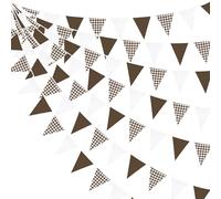 Guirlande de fanions en tissu à carreaux marron café et blanc de 9,7 m - Décorations de fête - Drapeau triangulaire vichy pour ours en peluche, automne, mariage, anniversaire, fête prénatale, Noël