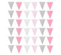 Guirlande de fanions en tissu de 10 m avec 36 drapeaux triangulaires en coton lavable multicolore pour mariage, anniversaire, fête prénatale, décoration de fête (rose, gris, blanc)