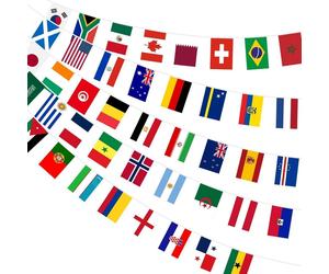 Guirlande de fanions pour la Coupe du Monde, représentant 48 pays, idéale pour la décoration. Tissu, longueur 15 mètres, dimensions des fanions : 14 x 21 cm, lot de 4 pièces