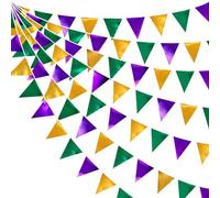 Guirlande de fanions triangulaires en tissu pour anniversaire, mariage, fête prénatale, jardin, bal masqué, fête, vacances - 9,7 m - Violet, doré et vert