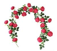 Guirlande de roses artificielles réalistes de 1,9 m avec 21 fleurs pour maison, jardin, mur, fête de mariage, décoration de vacances en couleur rose rouge (rose rouge)
