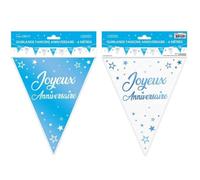 Guirlande fanion - Joy - Anniversaire - Bleu métallique et blanc - 6m - 9 fanions en carton