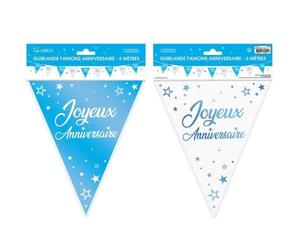 Guirlande fanion - Joy - Anniversaire - Bleu métallique et blanc - 6m - 9 fanions en carton