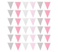 Guirlande Fanions en Coton 10M avec 36 Drapeaux Triangulaires Multicolores, Décoration Suspendue Réutilisable pour Mariage Anniversaire Fête de Naissance Jardin(Pink Gray White)