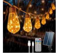 Guirlande Guinguette Solaire avec 16 Ampoules, Corde de Chanvre 10M, 8 Modes IP64 Étanche, Télécommande et Chargement USB