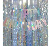 Guirlande « Happy Birthday » - Guirlande irisée - Rideau holographique - Décoration d'anniversaire - Argenté - Pour décoration d'anniversaire, mariage d'argent