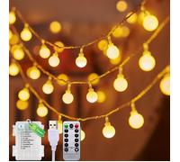 Guirlande Intérieure/Extérieure à Batterie USB 2-en-1, 12M + 1M 100 LED Guirlande Lumineuse Extérieure à Pile, 8 Modes (Blanc Chaud)