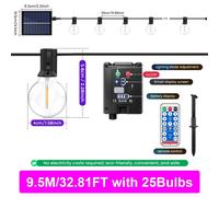 Guirlande lumineuse à LED en forme de globe - Éclairage de jardin solaire - 9,5 mètres - 25 globes lumineux - Télécommande - Minuteur 3/5/8 heures - 8 modes d'éclairage - Indice de protection IP44