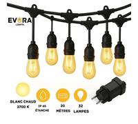 Guirlande lumineuse Evura Goods pour l'extérieur – Guirlande lumineuse LED – 20 mètres – 32 ampoules – IP65 étanche – Blanc chaud – Éclairage de jardin