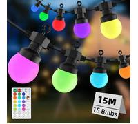 Guirlande Lumineuse Exterieure,15M RGB Guirlande Guinguette Exterieur avec Télécommande,15 Ampoules Incassables,Dimmable,Minuterie