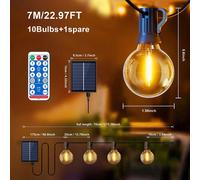 Guirlande lumineuse LED G40 à énergie solaire - 7 mètres, 10 ampoules - Télécommande - Intensité variable - 8 modes d'éclairage - Étanchéité IP44 - Ampoules en ABS résistantes aux chocs