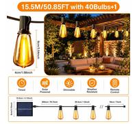 Guirlande lumineuse solaire - Applique extérieure - 15,5 mètres - 40 LED - Intensité réglable - Étanchéité IP44 - Pour jardin