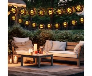 Guirlande lumineuse solaire LED extérieur lampe solaire décoration jardin en forme de boule effet flamme, plastique noir, LED blanc chaud, L 200 cm, terrasse