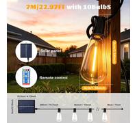 Guirlande lumineuse solaire - ST38 - 7 mètres avec 10 ampoules - 4 niveaux de luminosité réglables - Capteur de crépuscule automatique - Indice de protection IP44 - Ampoules résistantes aux chocs - Po