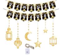 Guirlande Ramadan Kareem - Décoration de l'Aïd Mubarak - Bannière Ramadan Mubarak - Décoration de lune dorée - Décoration de bannière islam - Bannière Ramadan Kareem scintillante dorée