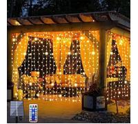 Guirlande solaire Lumières de rideau solaires améliorées blanc chaud télécommande, lumières de jardin extérieures 300 LED 8 modes