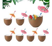 Gukasxi Lot de 6 gobelets hawaïens en noix de coco avec pailles en papier, gobelets en noix de coco tropicaux hawaïens pour cocktail, fête d'anniversaire sur le thème des fêtes