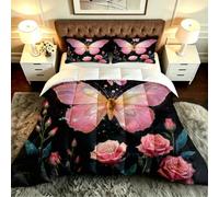 Gumntun 3 Pièces Couette 220 x 240 cm Femme Fleurs et Papillons, Versátil Parure de Lit 4 Saisons + 2 Taies d'oreiller 65x65 cm, Estilo Moderno Réversible Couette Sin Housse Para 2 Personnes_B19889