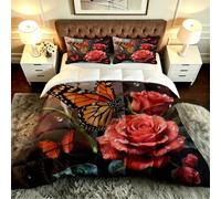 Gumntun 3 Pièces Couette 220 x 240 cm Fleurs et Papillons, Versátil Parure de Lit 4 Saisons + 2 Taies d'oreiller 65x65 cm, Estilo Moderno Réversible Couette Sin Housse Para 2 Personnes_B19607