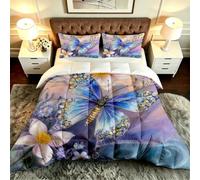 Gumntun 3 Pièces Couette 220 x 240 cm Fleurs et Papillons, Versátil Parure de Lit 4 Saisons + 2 Taies d'oreiller 65x65 cm, Estilo Moderno Réversible Couette Sin Housse Para 2 Personnes_B19697