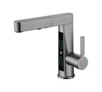 Gunmetal Grey Lifting and Sliding Bathroom Vanity Under-sink Wash Basin with Cold and Hot Water Digital Display Faucet,Contrôle de flux(Chrome,G1/2)