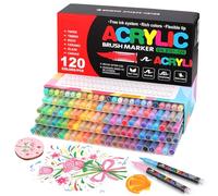 Gunsamg Lot de 120 marqueurs de peinture acrylique à base d'eau avec pointe pinceau flexible de 1 à 5 mm pour peinture sur roche, céramique, verre, pierre, métal, tissu
