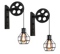 GuO 2x Applique Murale Industrielle Poulie Vintage Lampe de Mur Luminaire Intérieur pour Chambre Salon Restaurant,Noir
