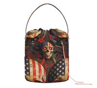 GuoChe Sac à crochet avec motif drapeau des États-Unis patriotique - Motif tête de mort - Yeux lumineux - Portable - Pour ranger les aiguilles à tricoter et le crochet