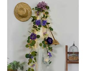 GUOCHENG Guirlande de roses avec guirlande lumineuse, 1,8 m, fleurs en soie avec minuterie, guirlande d'eucalyptus artificiel pour arche de mariage, fête, décoration murale de chambre, violet