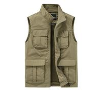 GUOCU Homme Gilet de Pêche Full-Zip Gilet Plein Air Séchage Rapide Chasse Randonnée Journaliste Travail Gilet Veste légères Gilets Camping Chasse Gilet avec multi-poches Kaki 3XL